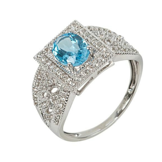 925 Sterling Silver Swiss Blue Topaz, White Natural Zircon Ring