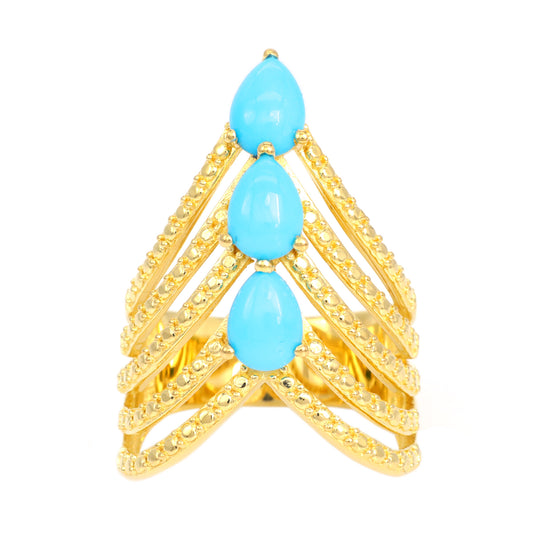 18k Yellow Gold Plated Over Sterling Silver Sleeping Beauty Turquoise 3- Stone Ring