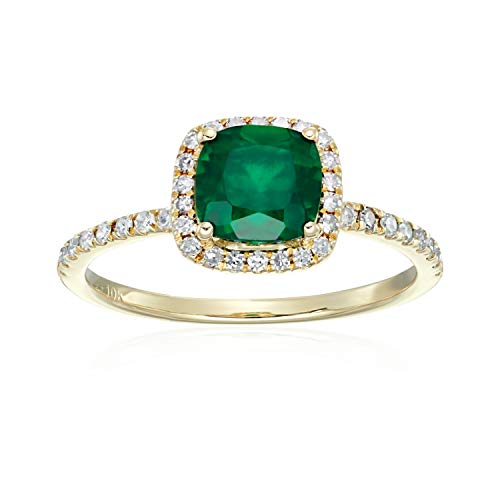 Pinctore 10k Yellow Gold Created Emerald and Diamond Cushion Halo Engagement Ring (1/4cttw, H-I Color, I1-I2 Clarity), Size 7 (7)
