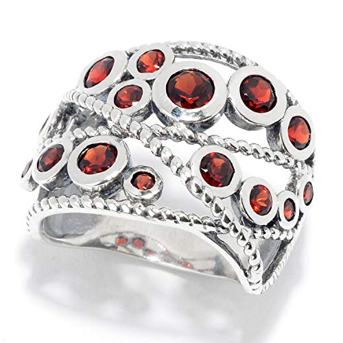 Pinctore Sterling Silver Round Red Garnet Beaded Wide Band Ring