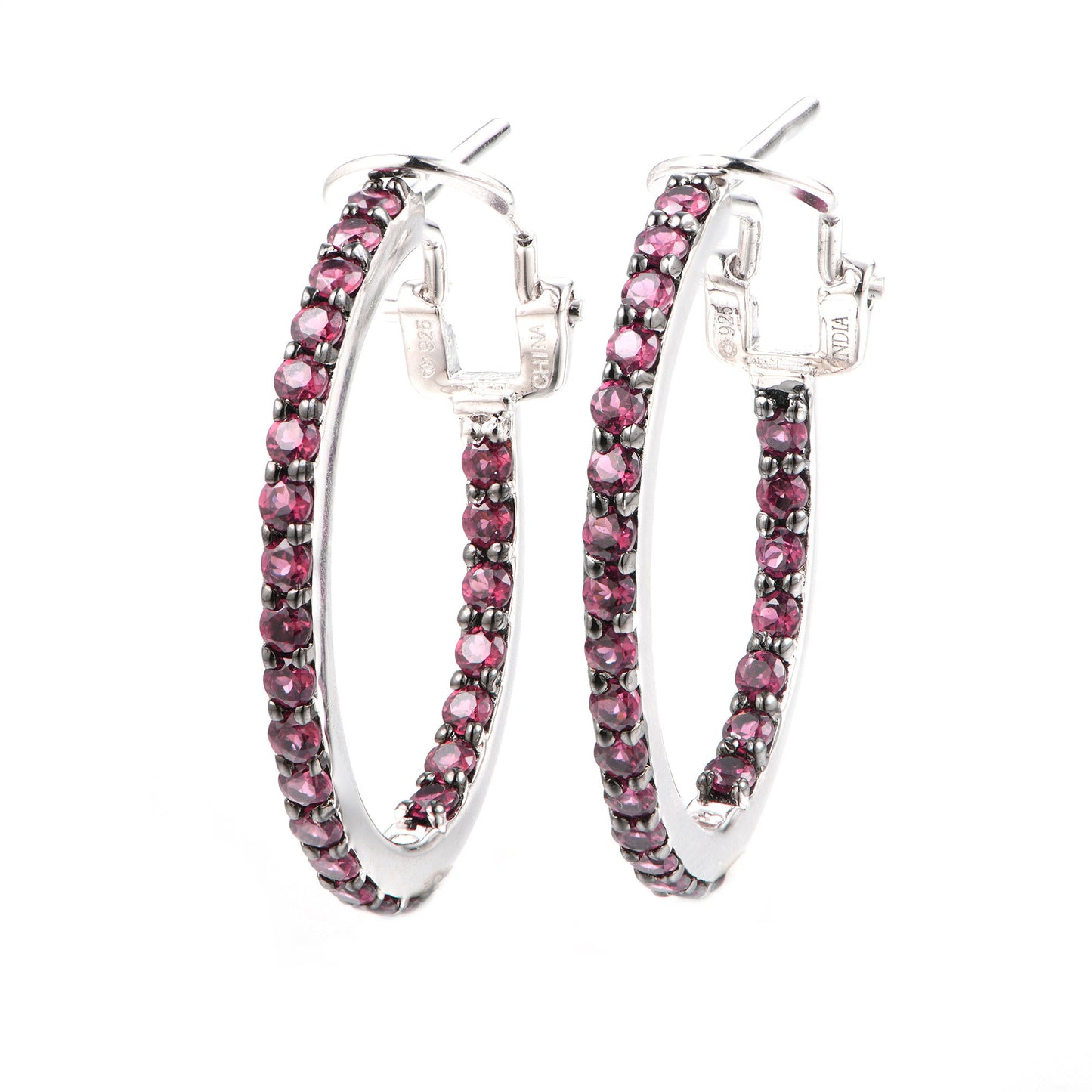 925 Sterling Silver Rhodolite Garnet Hoops Earrings