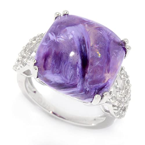 Pinctore Sterling Silver 15mm Cushion Shaped Charoite & White Zircon Ring