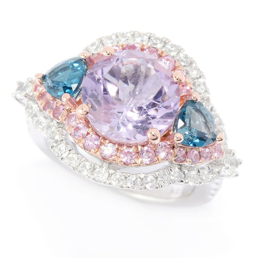Pinctore 925 Sterling Silver London Blue Topaz,Pink Amethyst,Pink Sapphire,White Natural Zircon Ring