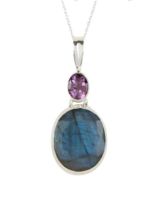 Natural Labradorite With Amethyst Gemstone Pendant 925 Sterling Silver Pendant, Pendant With 18 Inches Chain, Fine Jewelry, Gift For Her
