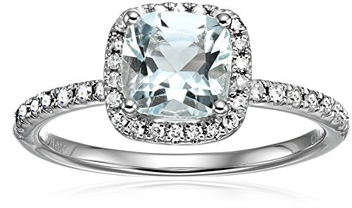 10k White Gold Aquamarine and Diamond Cushion Halo Engagement Ring (1/4cttw, H-I Color, I1-I2 Clarity), Size 7