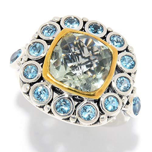 925 Sterling Silver Green Amethyst,Swiss Blue Topaz Ring