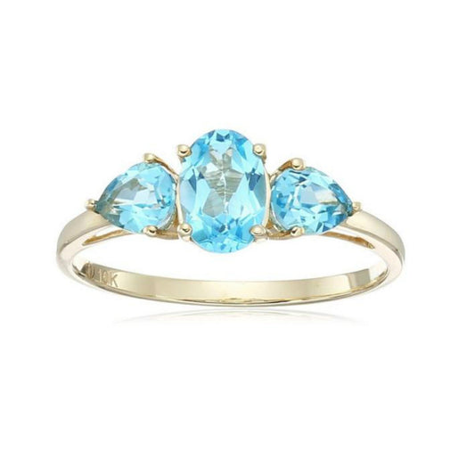 10Kt Gold Swiss Blue Topaz 3-Stone Ring For Women's Anniversary Gift For Her