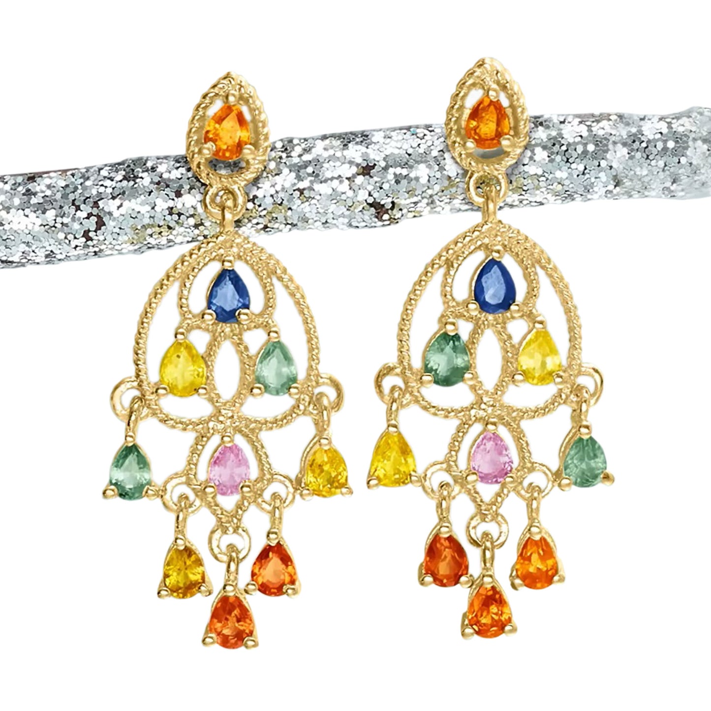 18K Yellow Gold Plated Over Sterling Silver Multi Sapphire Drop And Dangle Earrings