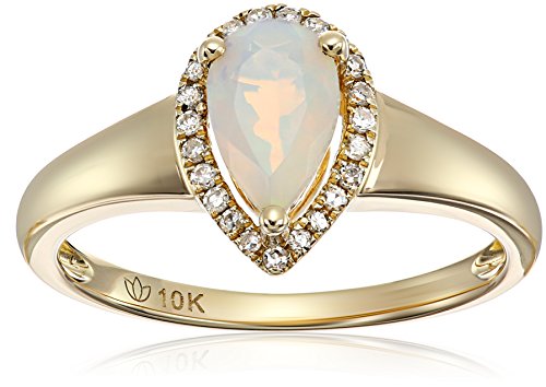 10k Yellow Gold Ethiopian Opal and Diamond Princess Diana Pear Halo Engagement Ring (1/10cttw, H-I Color, I1-I2 Clarity), Size 7