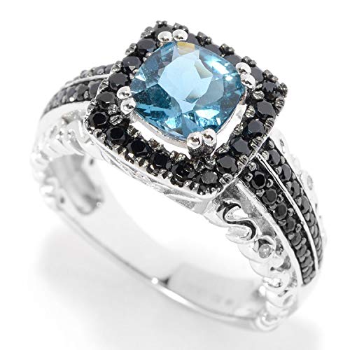 Pinctore Sterling Silver London Blue Topaz and Black Spinel Halo Ring