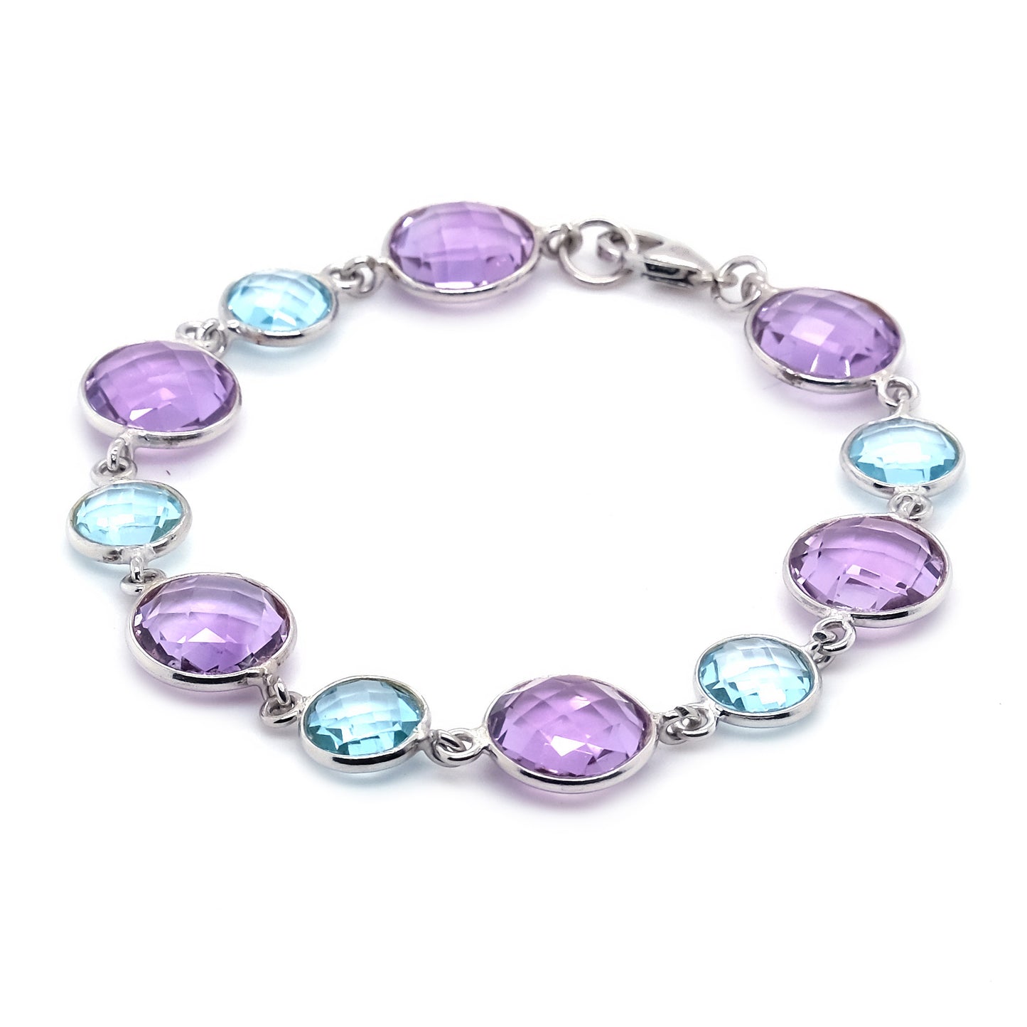 925 Sterling Silver African Amethyst, Sky Blue Topaz Gemstone Chain & Link Bracelet