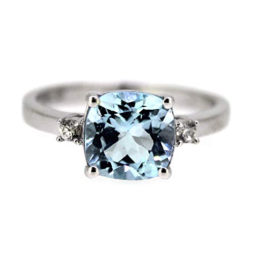 925 Sterling Silver Cushion Sky Blue Topaz,White Natural Zircon Ring