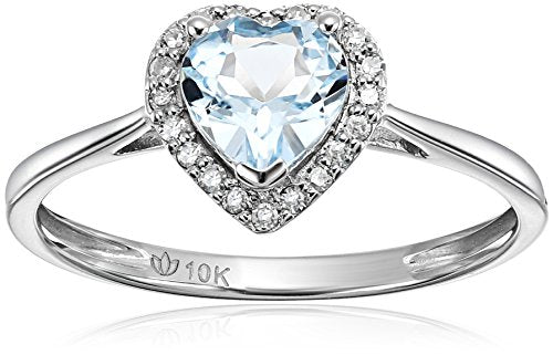 10k White Gold Aquamarine and Diamond Solitaire Heart Halo Engagement Ring (1/10cttw, H-I Color, I1-I2 Clarity), Size 7