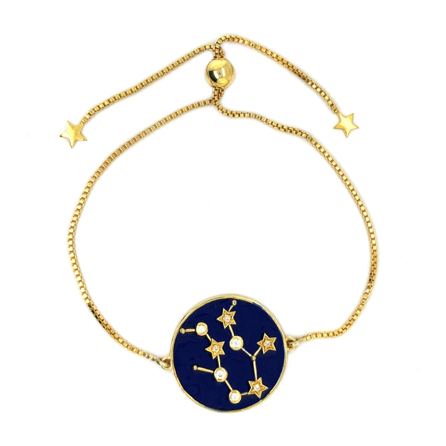 Natural White Zircon And Blue Enamel Zodiac Constellation, 925 Sterling Silver Over Gold Plated Circle Bolo Bracelet, Gift For Her