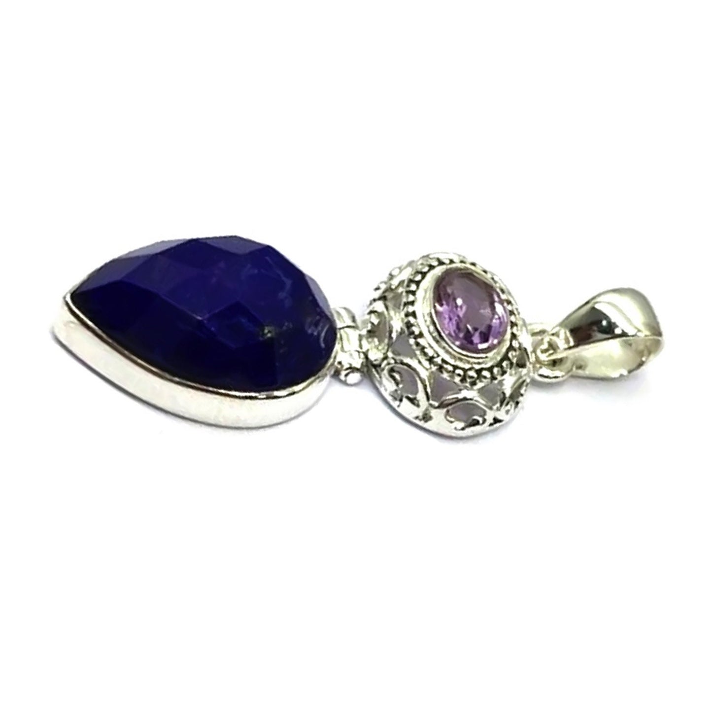 Natural Lapis Lazuli With Amethyst Gemstone Pendant 925 Sterling Silver Pendant, Boho Pendant With 18" Chain Fine Jewelry Gift For Her