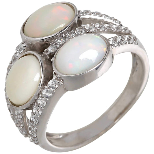 925 Sterling Silver Ethiopian Opal, White Natural Zircon Ring