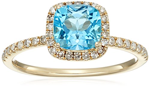 10k Yellow Gold Swiss Blue Topaz and Diamond Cushion Halo Engagement Ring (1/4cttw, H-I Color, I1-I2 Clarity), Size 7