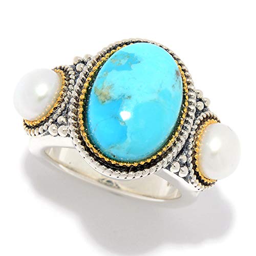 925 Sterling Silver Fresh Water Pearl, Blue Mohave Turquoise Ring