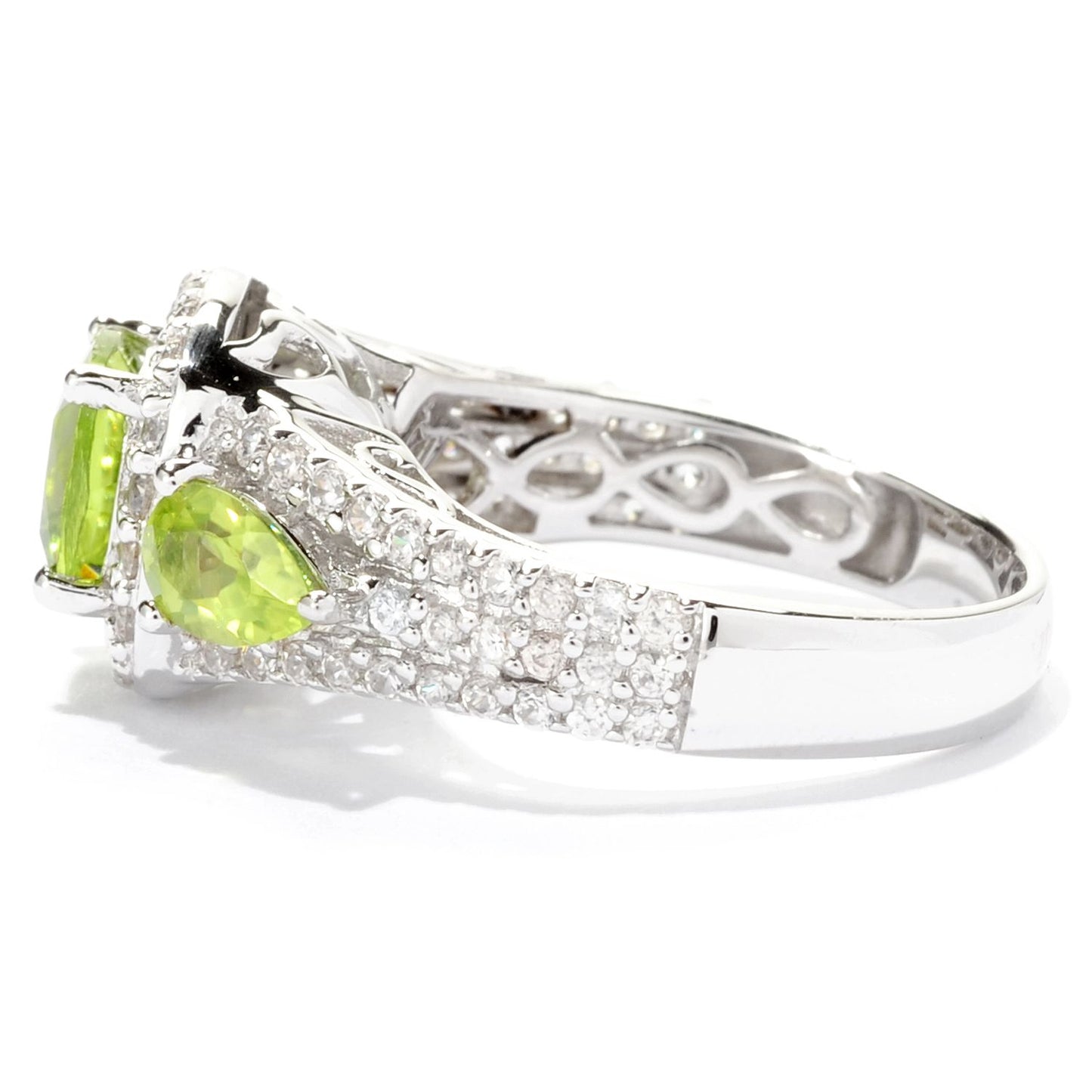 Pinctore Sterling Silver 3.29ctw Peridot & White Zircon 3-Stone Cocktail Ring, Size 7
