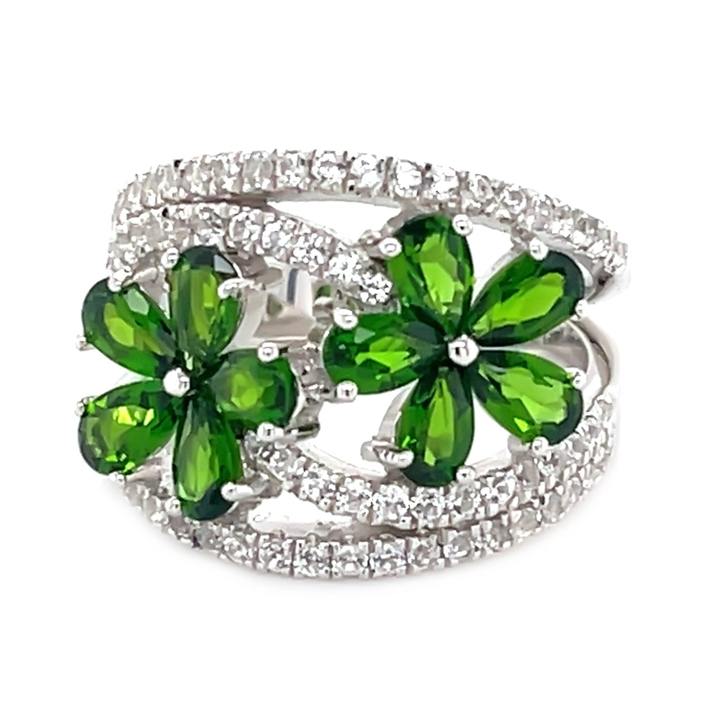 925 Sterling Silver Chrome Diopside, Created White Sapphire Ring
