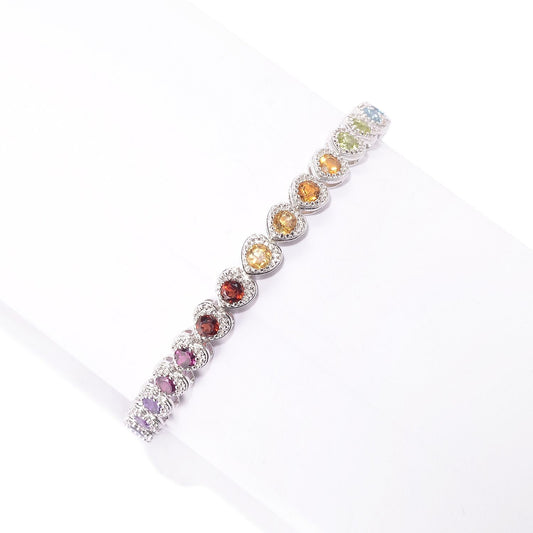 Pinctore Sterling Silver Multi Gemstone & White Zircon Heart Tennis Bracelets