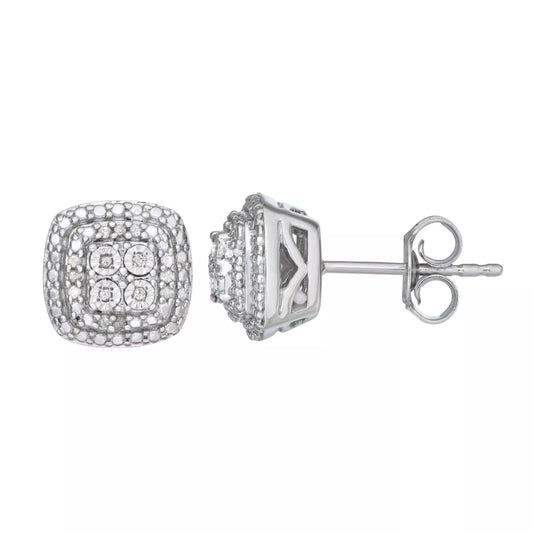 Sterling Silver Halo Stud Earrings with 1/10 Ct Prong-Set Round-Cut Diamonds – For Women