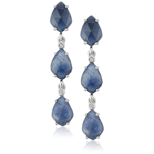 Pinctore Sterling Silver Blue Sapphire & White Zircon Dangle Earrings