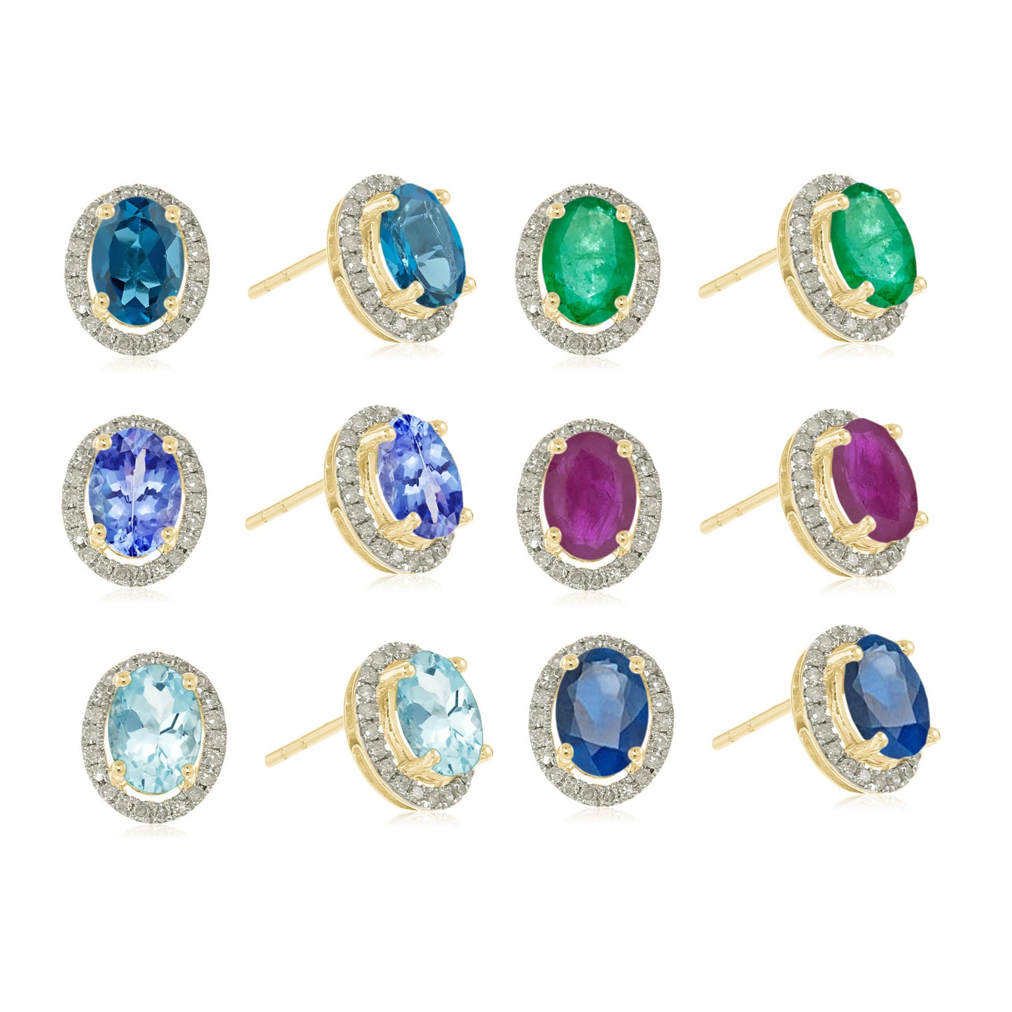 10k Multi Gemstone Option And Diamond Princess Diana Oval Halo Stud Earring