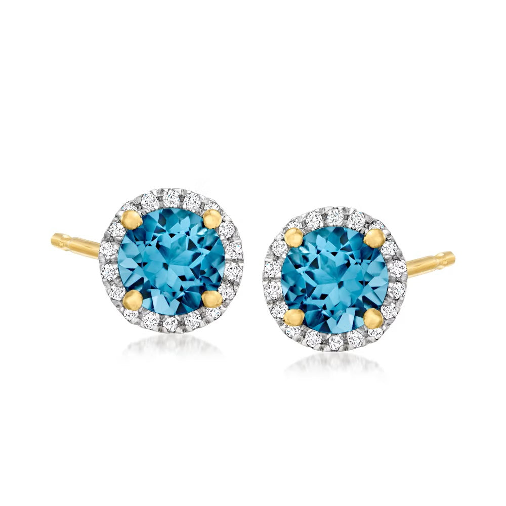 14K Yellow Gold Aquamarine, Diamond Gemstone Studs Earrings