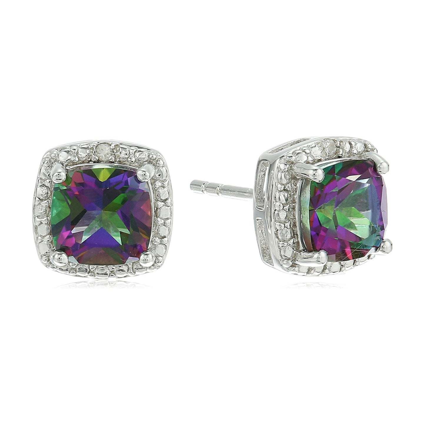 Pinctore Sterling Silver Cushion Amethyst and Diamond Accented Halo Stud Earrings