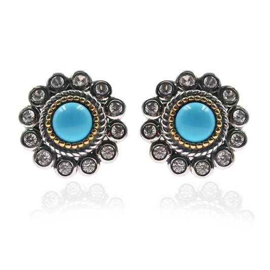 Sterling SIlver 925 Sonora Beauty Turquoise, White Natural Zircon Studs Earrings