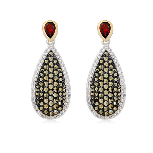 14K Gold & Strling Sillver With Garnet, Marcasite Earrings