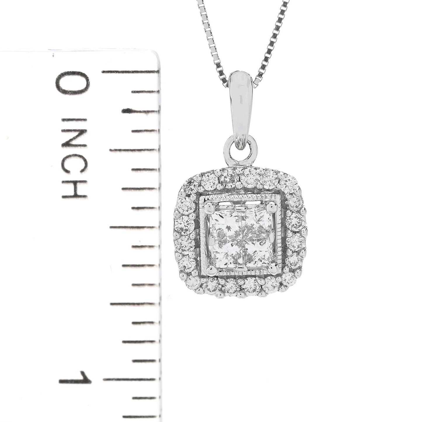 14K White Gold 1.00ctw Princess & Round Diamond Pendant w/ Chain