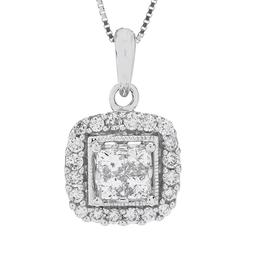 14K White Gold 1.00ctw Princess & Round Diamond Pendant w/ Chain