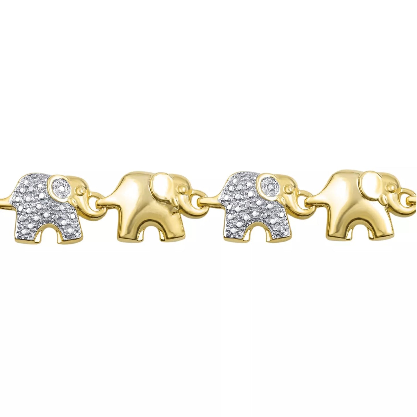 Gold-Plated Two-Tone Elephant Link Bracelet with Diamond Accents – 7.5 Inch, Ideal Gift for Her