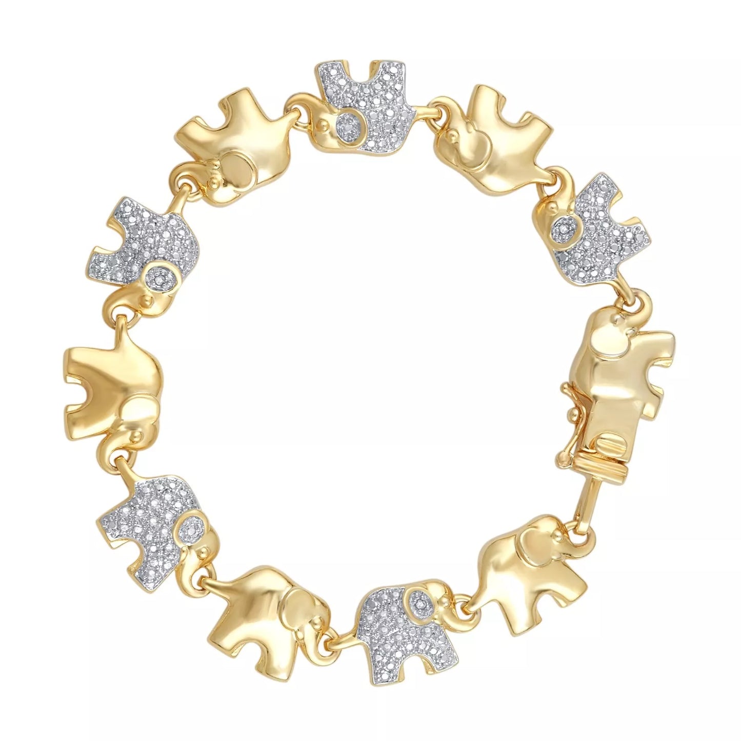 Gold-Plated Two-Tone Elephant Link Bracelet with Diamond Accents – 7.5 Inch, Ideal Gift for Her