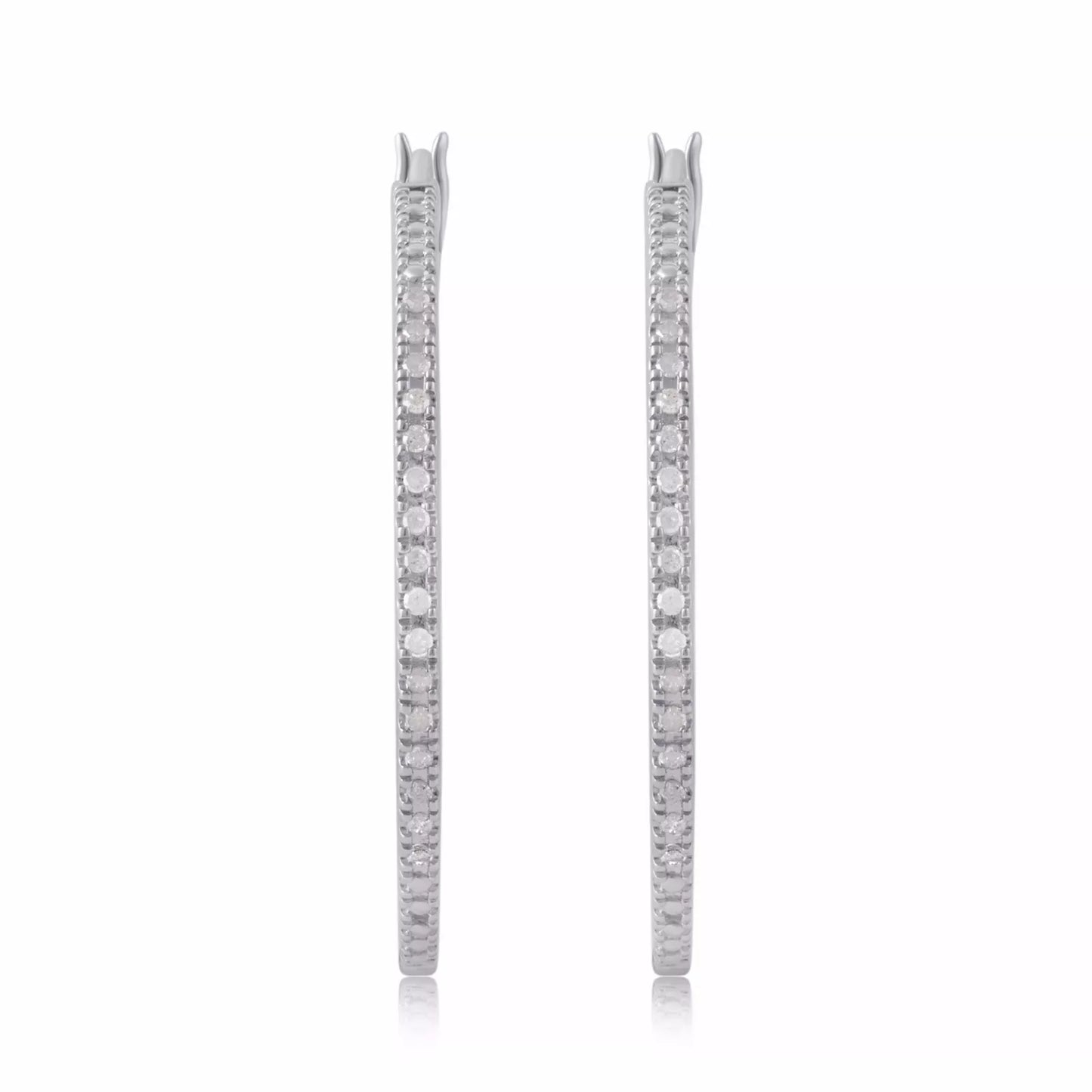 Elegant Rhodium-Plated Sterling Silver Hoop Earrings with 1/4 Carat Round Diamonds – Women's Jewelry