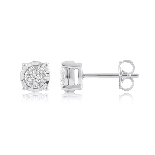 Sterling Silver Cluster Stud Earrings with 1/10 Cttw Prong-Set Diamonds – Ideal for Women