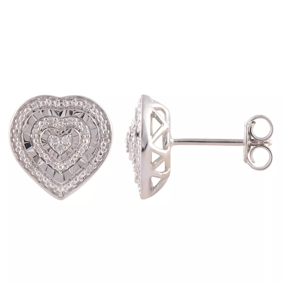 Valentine's Day 0.10 Cttw White Gold Over Silver Heart Diamond Stud Earrings