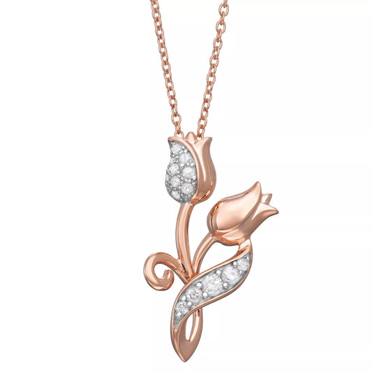 Elegant Tulip Flower Pendant with 0.16 ct Round Cut Diamond on 18-Inch Sterling Silver Chain