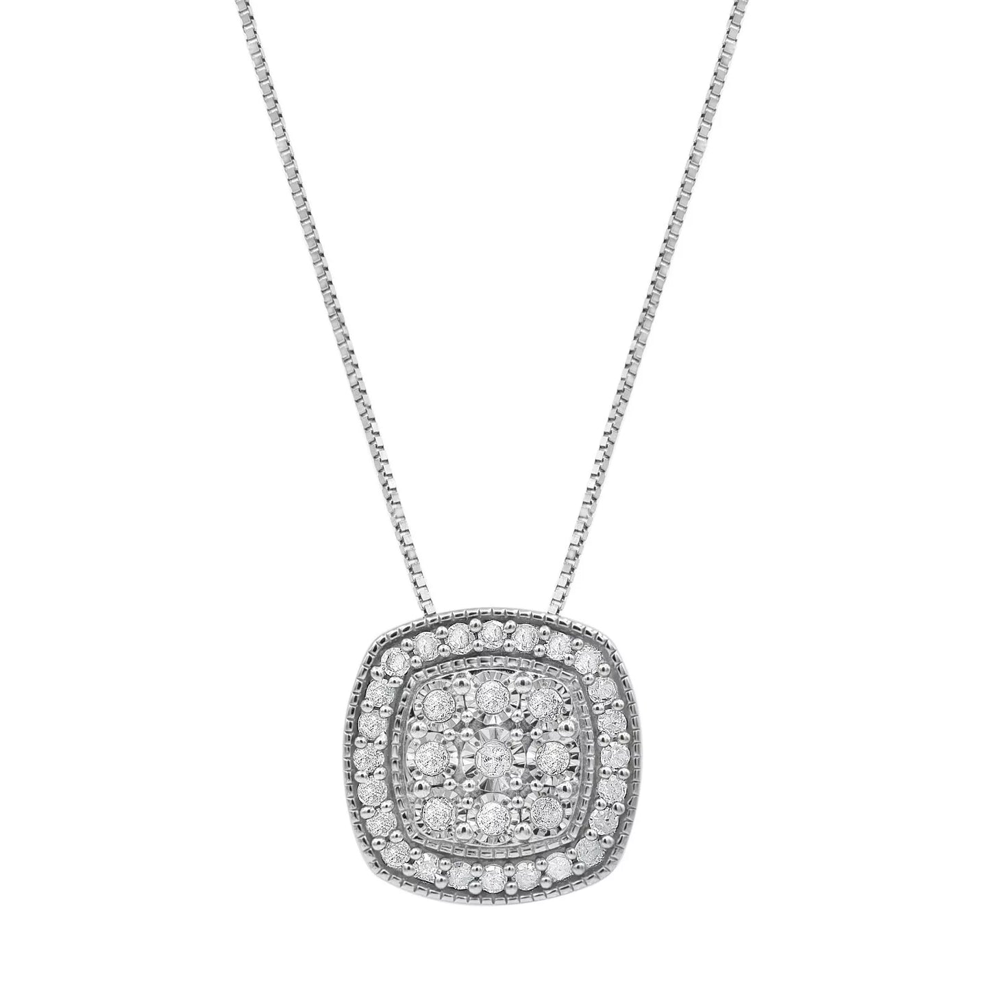 1/2 Carat Total Weight Round Diamond Cushion Halo Pendant with Sterling Silver Chain for Women