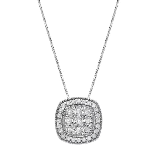 1/2 Carat Total Weight Round Diamond Cushion Halo Pendant with Sterling Silver Chain for Women