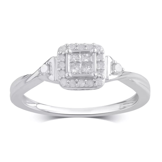 925 Silver Engagement Ring with 1/4 Ct Princess and Round Diamond Cluster – Ideal for Women