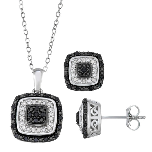 Stunning Round-Cut Black and White Diamond Cushion Frame Necklace and Earring Set