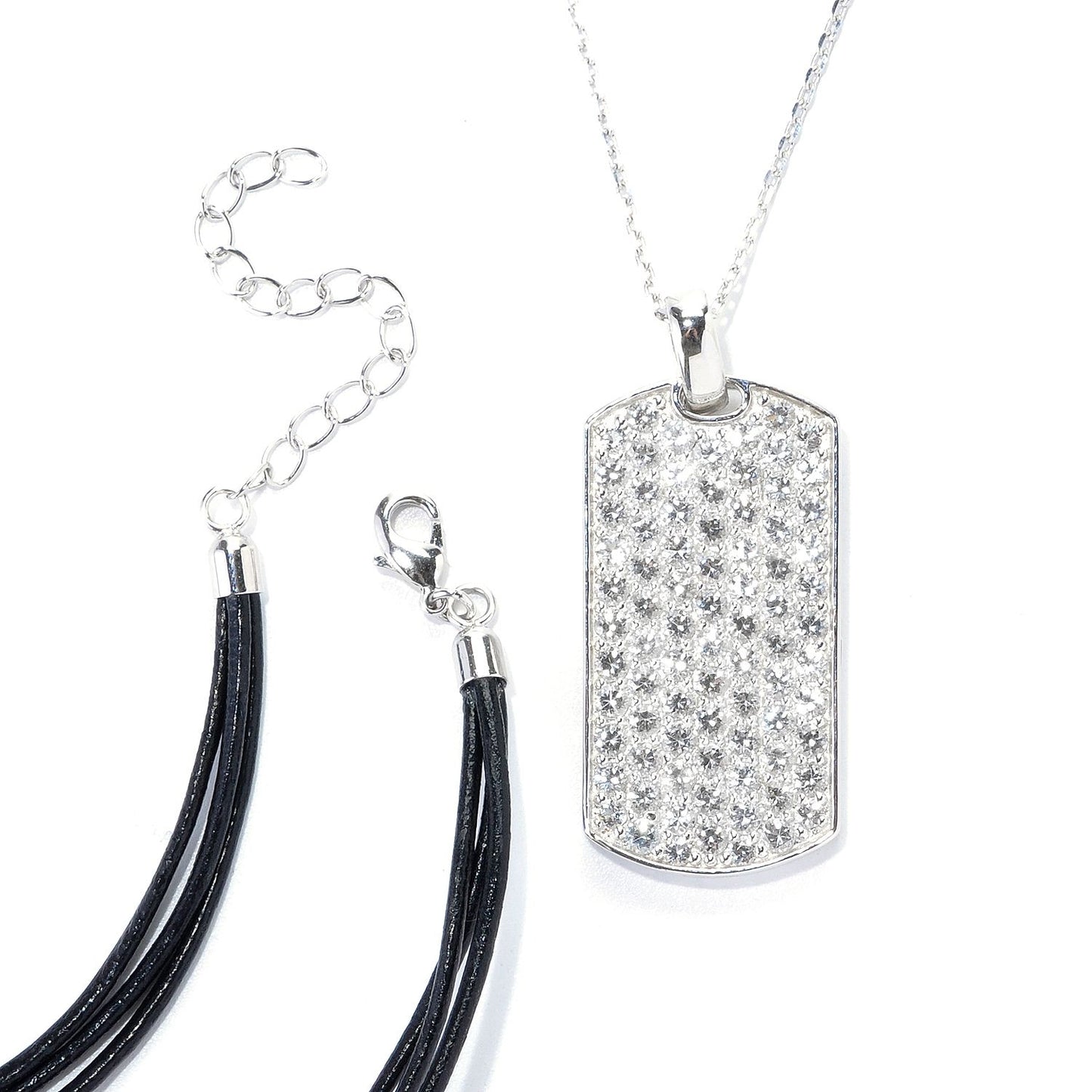 925 Sterling Silver Pave Black Spinel Dog Tag Pendant Necklace with Chain and Cord