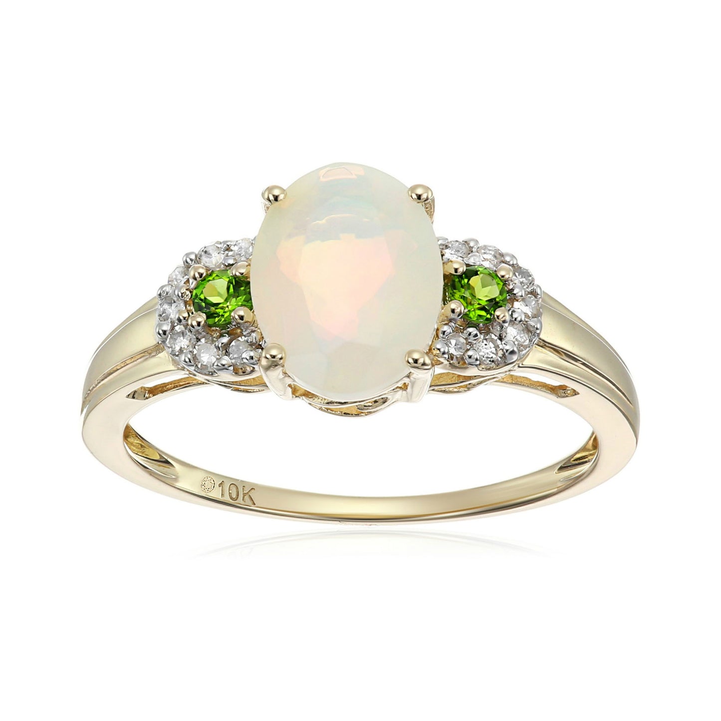 10k Yellow Gold Ethiopian Opal With Multi Gemstone Option and Diamond 3-Stone Engagement Ring (1/10cttw, H-I Color, I1-I2 Clarity)