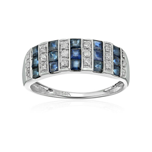 14Kt White Gold Blue Sapphire And Diamond Band Rings