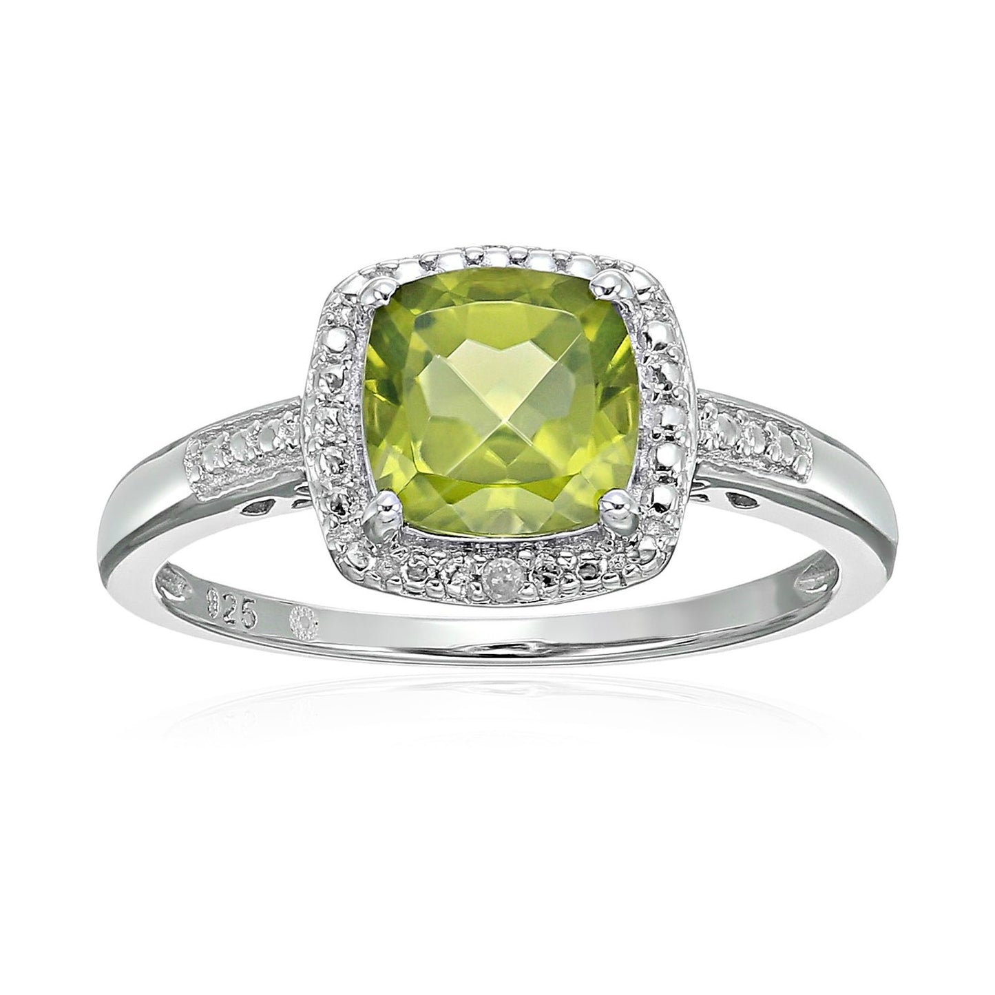 Sterling Silver Cushion Peridot and Diamond Accented Halo Engagement Rings