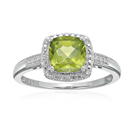 Sterling Silver Cushion Peridot and Diamond Accented Halo Engagement Rings