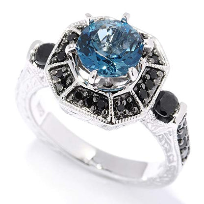 925 Sterling Silver London Blue Topaz and Black Spinel Gemstone Cocktail Ring